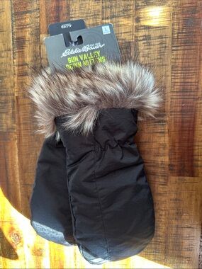 Eddie Bauer Women’s Premium Down Black Mittens with Faux Fur Trim